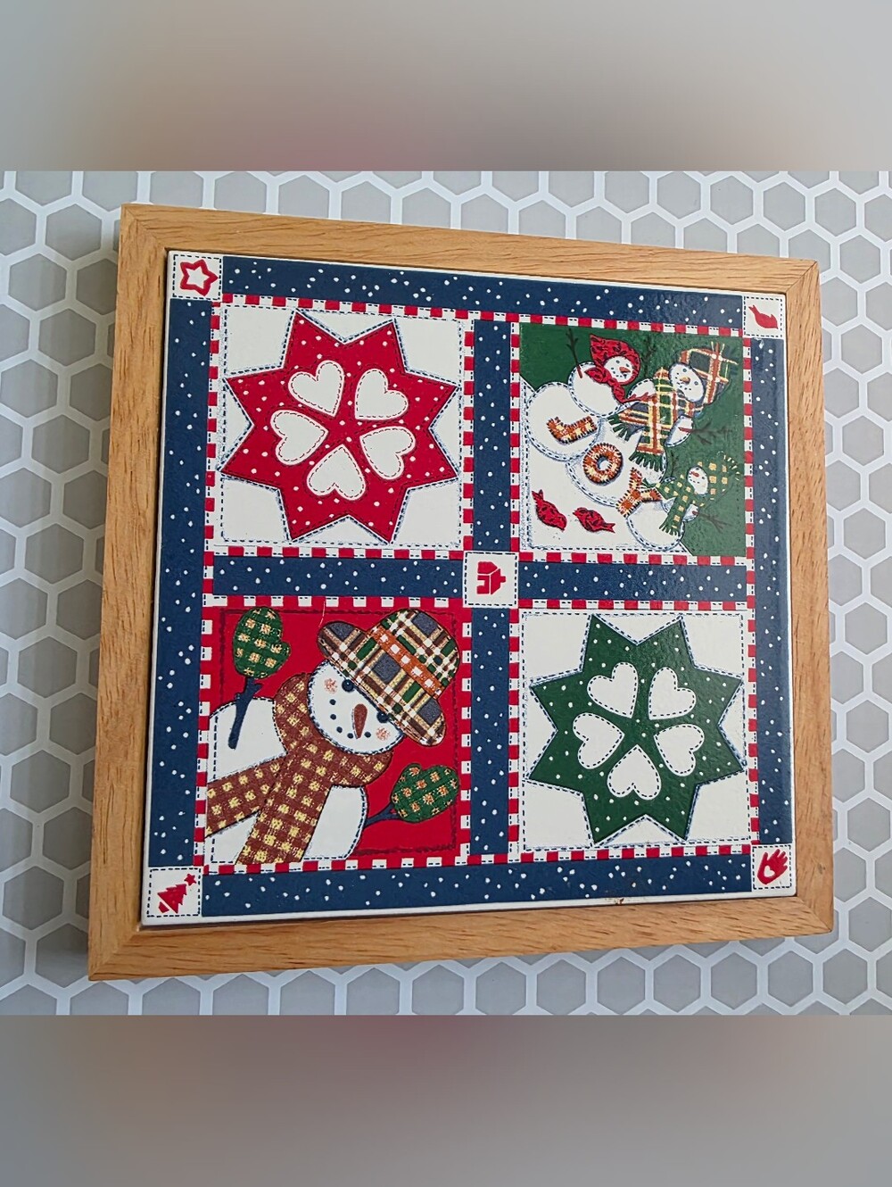 Vintage Hallmark Ceramic Tile Trivet Festive Quilt Design Cottagecore Folk Art
